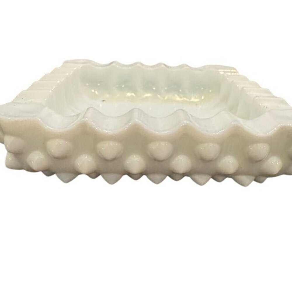 Vintage Fenton Glass Ashtray Hobnail White Milk Glass Square 5"